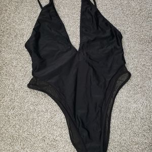 Black Forever 21 One-Piece Swimsuit with Mesh Thigh/Hip Accent